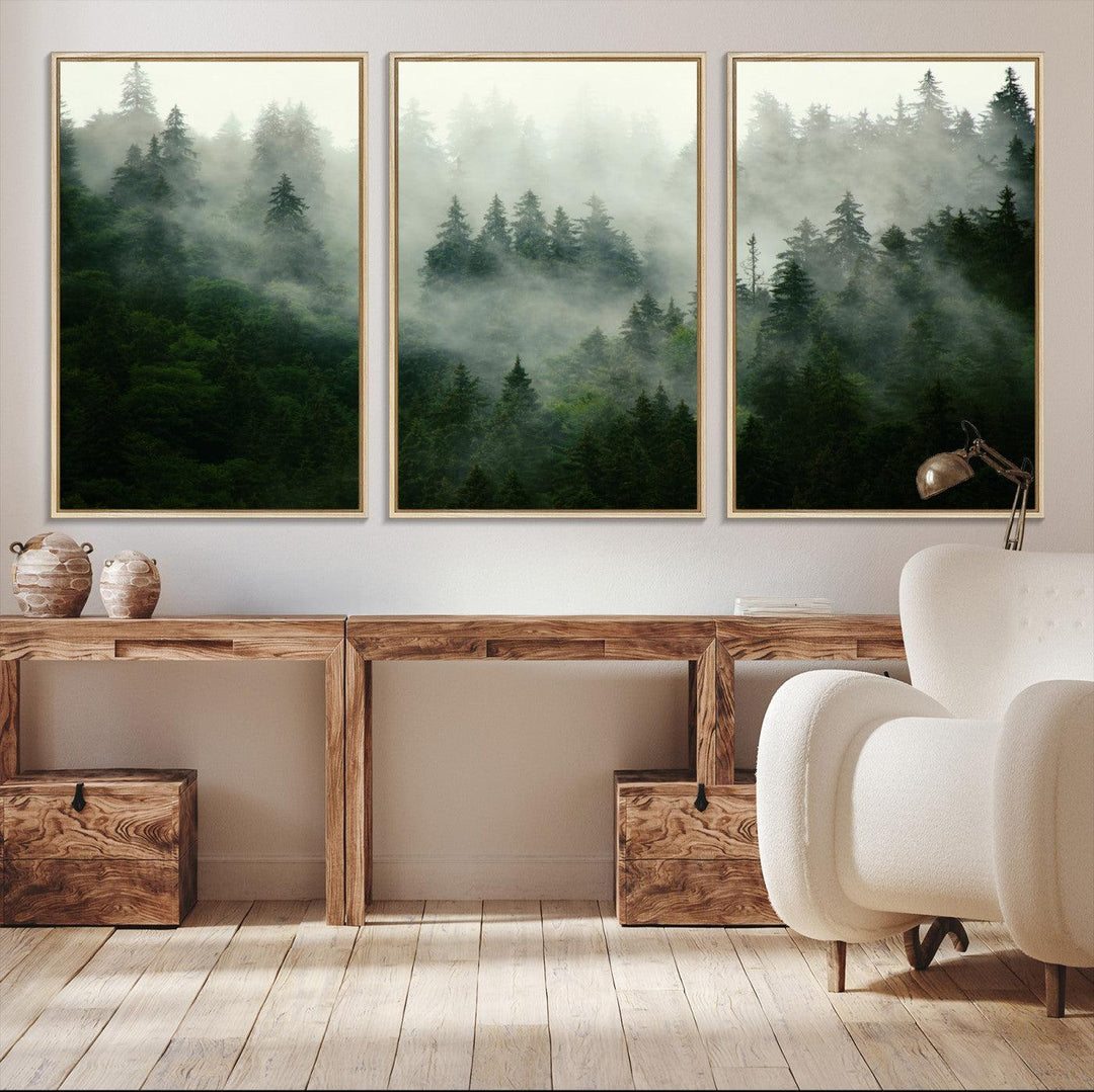 167720496-MGV-CV-36X24-Misty Forest Mountain Wall Art Canvas | Large 3-Panel Foggy Landscape Canvas Print | Nature Misty Forest Canvas Art Wall Art for Home