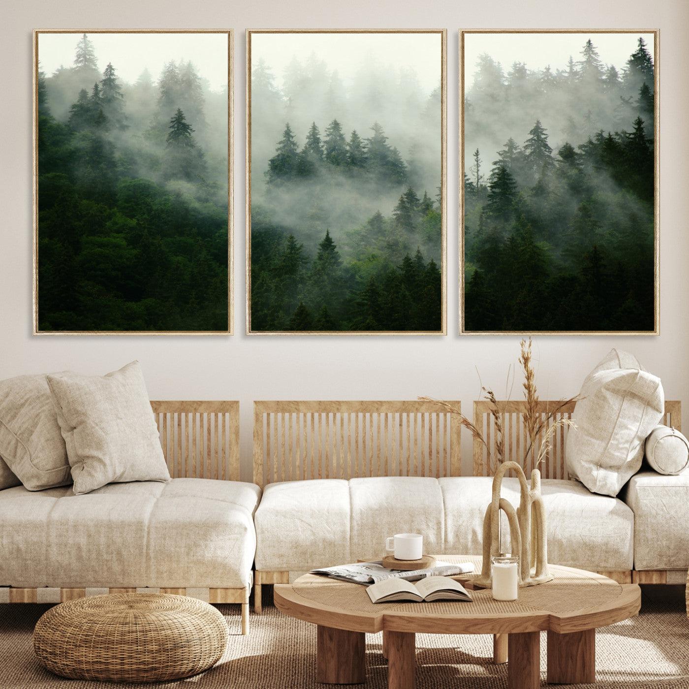 167720496-MGV-CV-36X24-Misty Forest Mountain Wall Art Canvas | Large 3-Panel Foggy Landscape Canvas Print | Nature Misty Forest Canvas Art Wall Art for Home