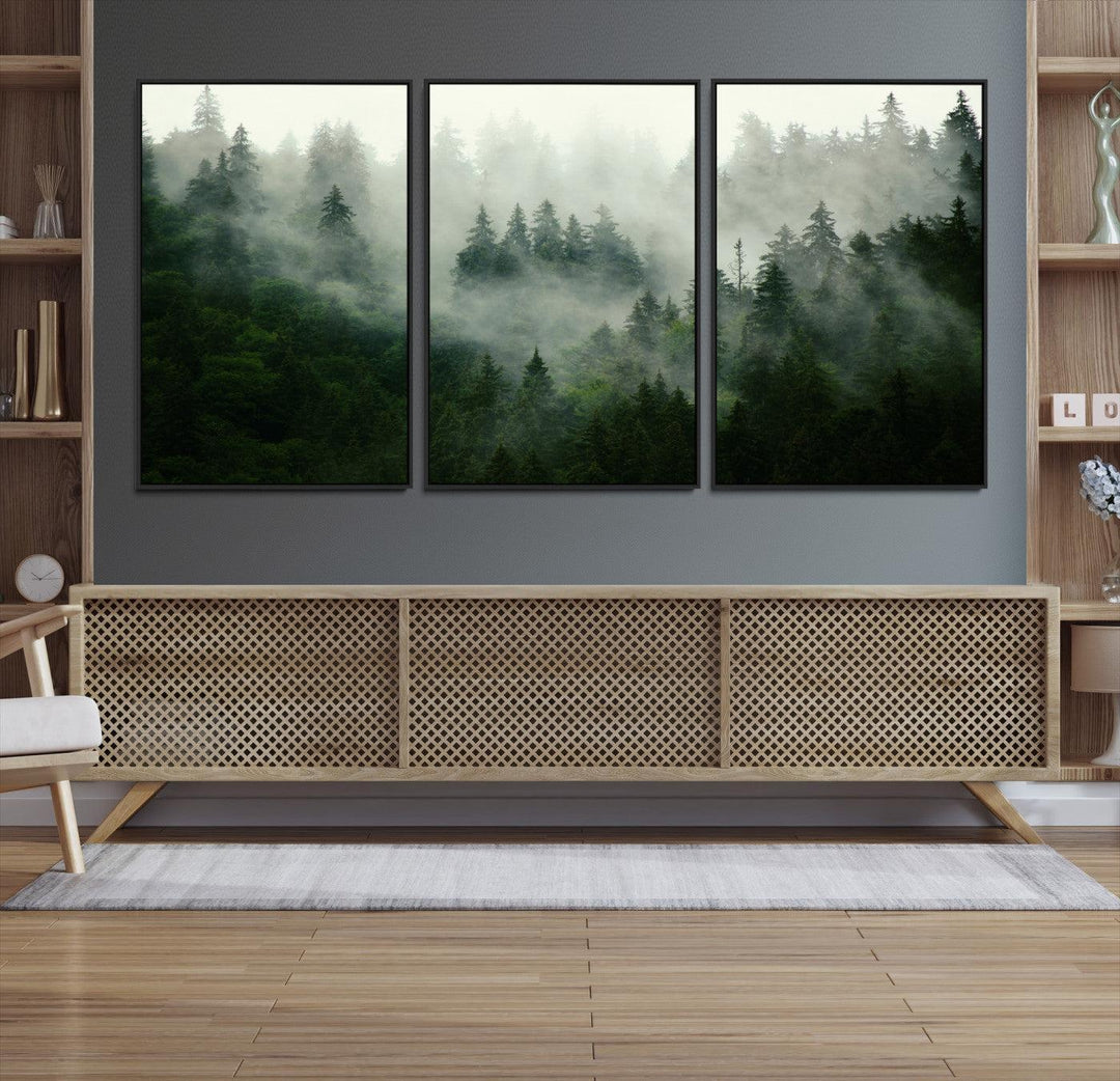 167720496-MGV-CV-36X24-Misty Forest Mountain Wall Art Canvas | Large 3-Panel Foggy Landscape Canvas Print | Nature Misty Forest Canvas Art Wall Art for Home