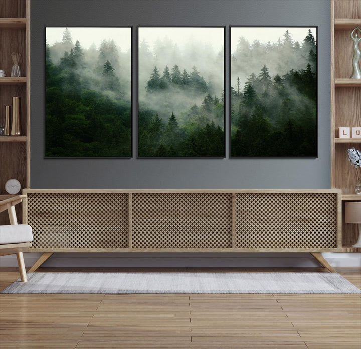 167720496-MGV-CV-36X24-Misty Forest Mountain Wall Art Canvas | Large 3-Panel Foggy Landscape Canvas Print | Nature Misty Forest Canvas Art Wall Art for Home