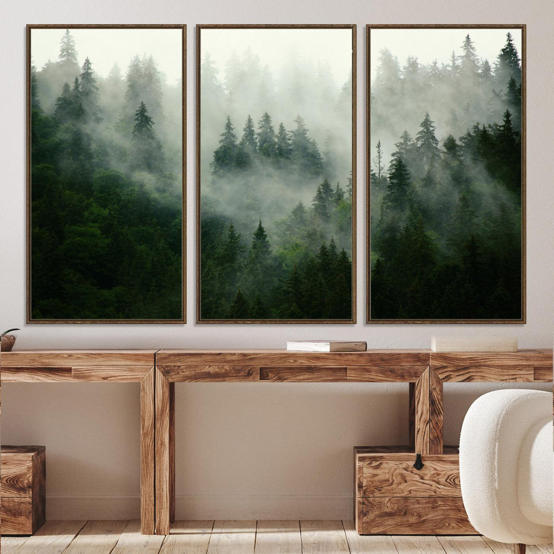 167720496-MGV-CV-36X24-Misty Forest Mountain Wall Art Canvas | Large 3-Panel Foggy Landscape Canvas Print | Nature Misty Forest Canvas Art Wall Art for Home