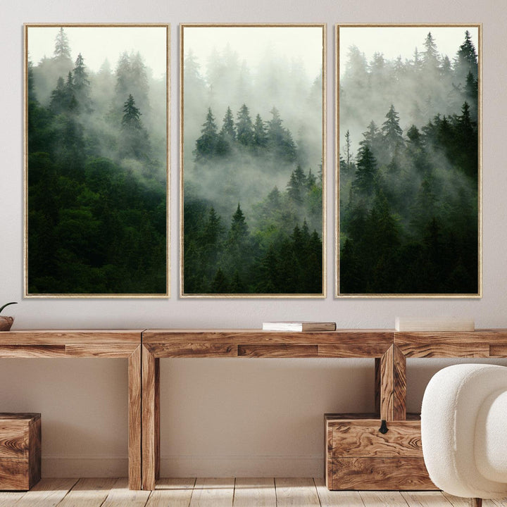 167720496-MGV-CV-36X24-Misty Forest Mountain Wall Art Canvas | Large 3-Panel Foggy Landscape Canvas Print | Nature Misty Forest Canvas Art Wall Art for Home