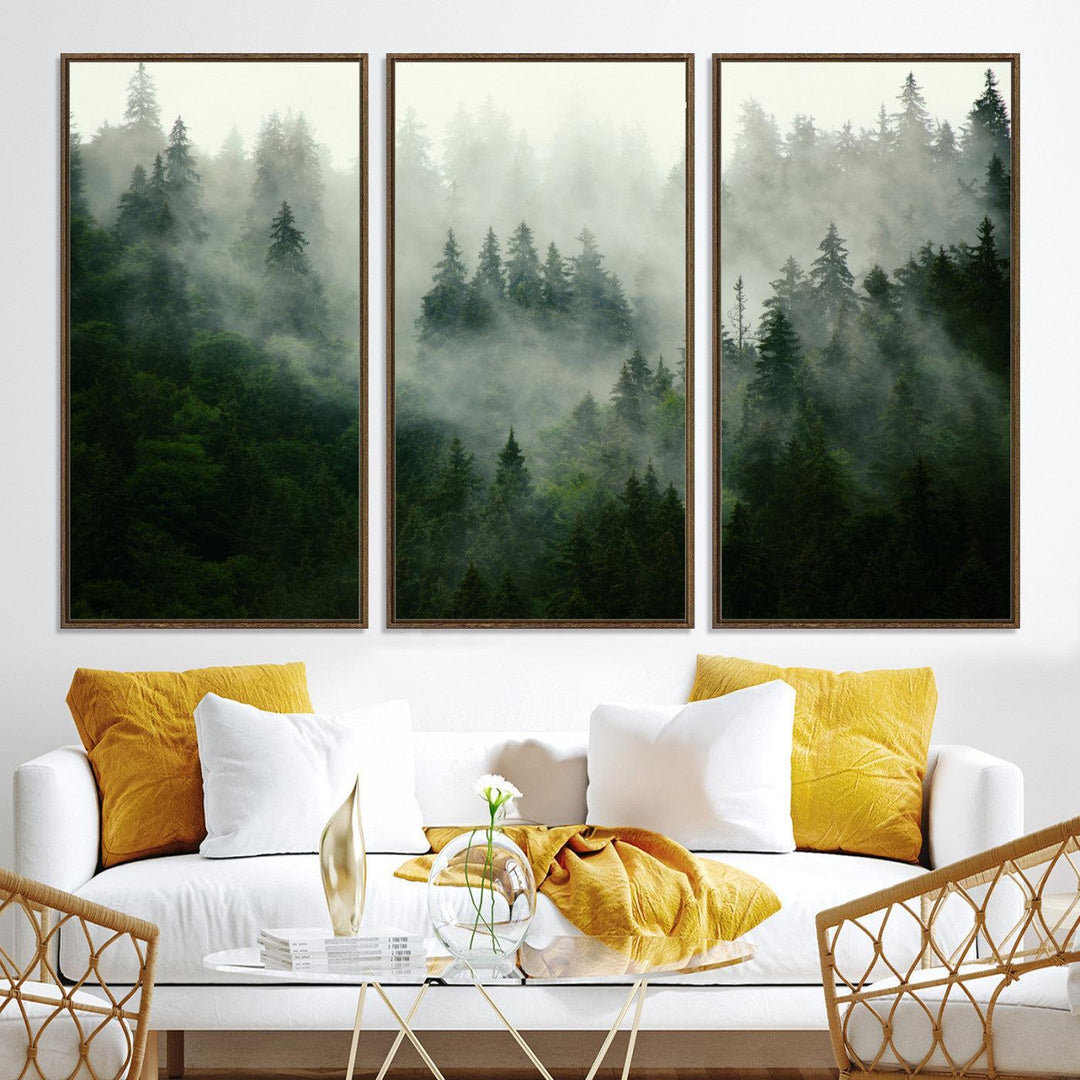 167720496-MGV-CV-36X24-Misty Forest Mountain Wall Art Canvas | Large 3-Panel Foggy Landscape Canvas Print | Nature Misty Forest Canvas Art Wall Art for Home