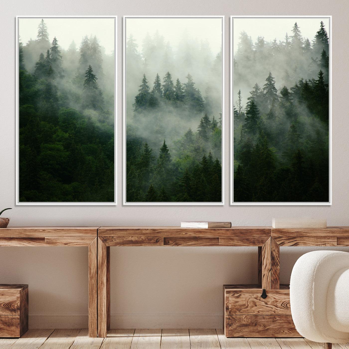 167720496-MGV-CV-36X24-Misty Forest Mountain Wall Art Canvas | Large 3-Panel Foggy Landscape Canvas Print | Nature Misty Forest Canvas Art Wall Art for Home