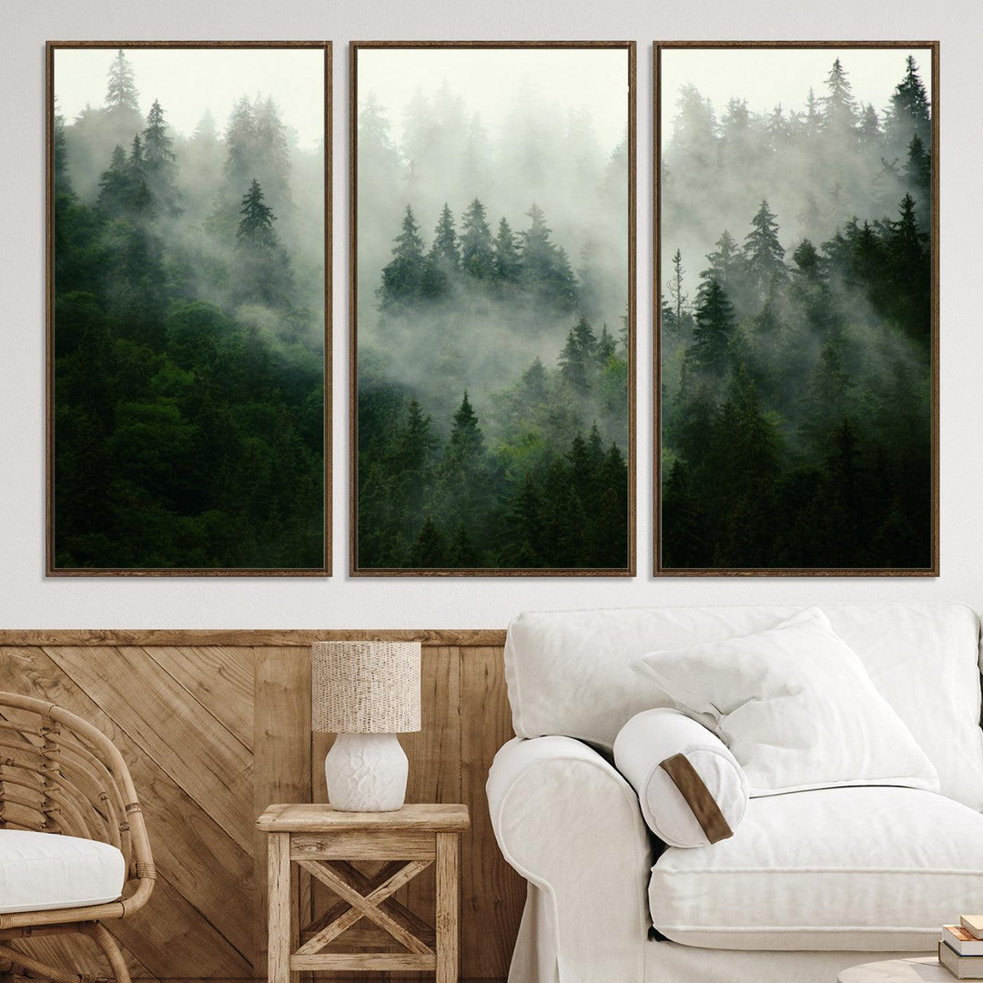167720496-MGV-CV-36X24-Misty Forest Mountain Wall Art Canvas | Large 3-Panel Foggy Landscape Canvas Print | Nature Misty Forest Canvas Art Wall Art for Home