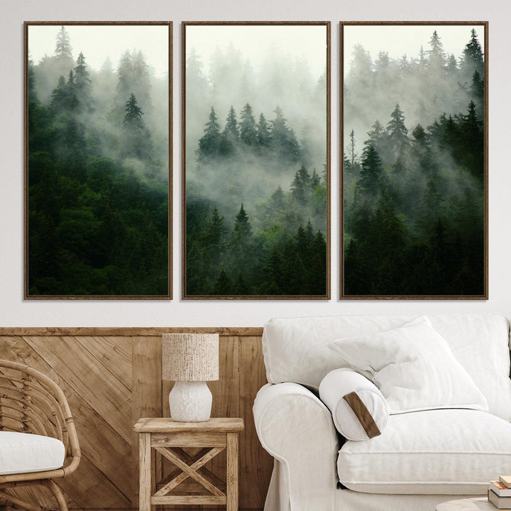 167720496-MGV-CV-36X24-Misty Forest Mountain Wall Art Canvas | Large 3-Panel Foggy Landscape Canvas Print | Nature Misty Forest Canvas Art Wall Art for Home
