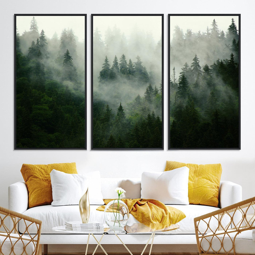 167720496-MGV-CV-36X24-Misty Forest Mountain Wall Art Canvas | Large 3-Panel Foggy Landscape Canvas Print | Nature Misty Forest Canvas Art Wall Art for Home