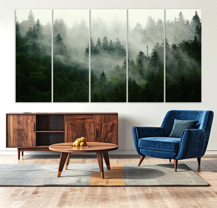 167720496-MGV-CV-36X24-Misty Forest Mountain Wall Art Canvas | Large 3-Panel Foggy Landscape Canvas Print | Nature Misty Forest Canvas Art Wall Art for Home