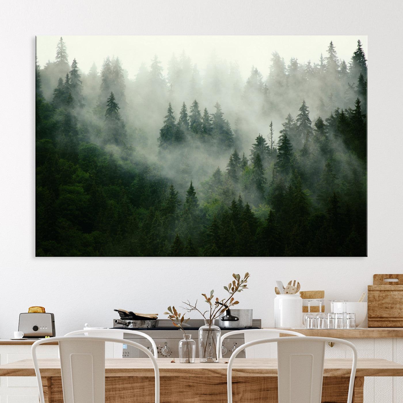 Misty Forest Mountain Wall Art Canvas | Large 3-Panel Foggy Landscape Canvas Print | Nature Misty Forest Canvas Art Wall Art for Home