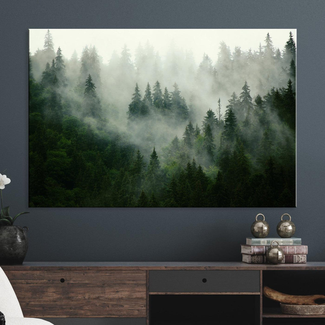 Misty Forest Mountain Wall Art Canvas | Large 3-Panel Foggy Landscape Canvas Print | Nature Misty Forest Canvas Art Wall Art for Home