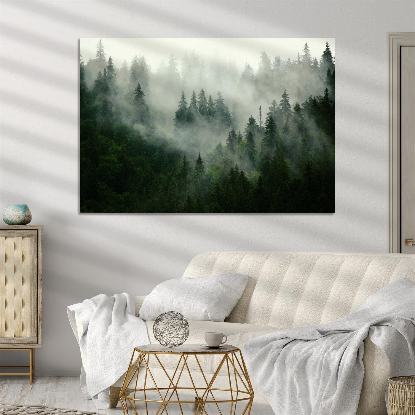Misty Forest Mountain Wall Art Canvas | Large 3-Panel Foggy Landscape Canvas Print | Nature Misty Forest Canvas Art Wall Art for Home