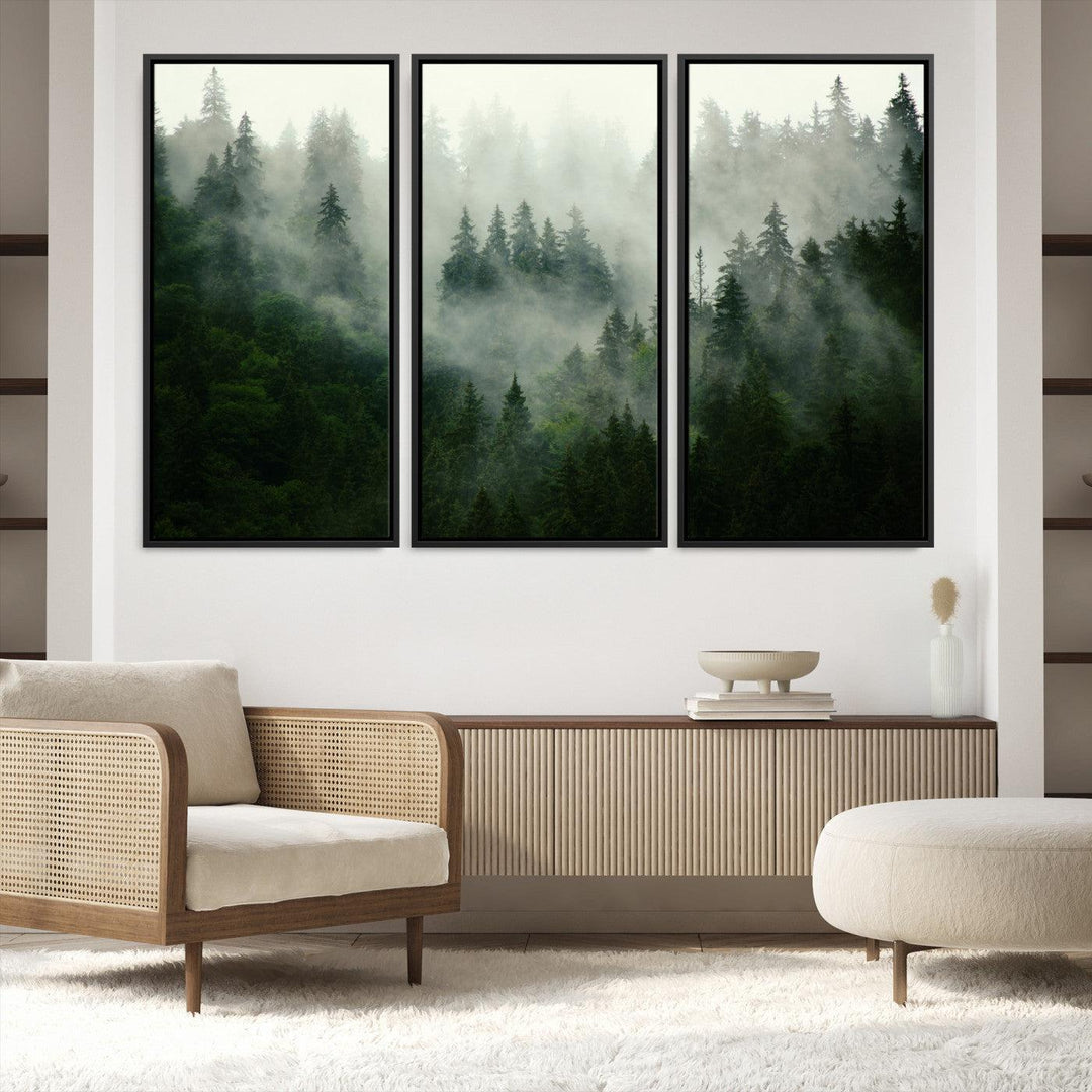 167720496-MGV-FC-48X32-3P_Black-Misty Forest Mountain Wall Art Canvas | Large 3-Panel Foggy Landscape Canvas Print | Nature Misty Forest Canvas Art Wall Art for Home