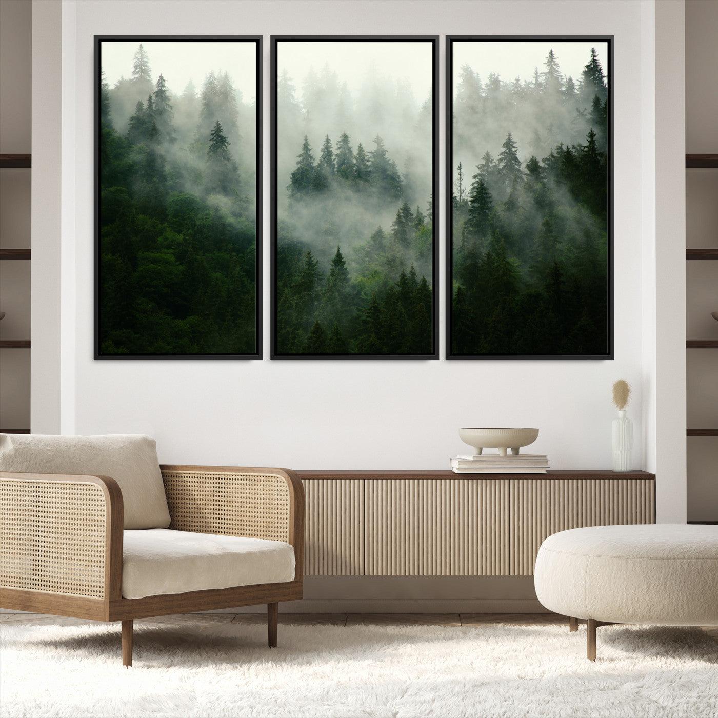 167720496-MGV-FC-48X32-3P_Black-Misty Forest Mountain Wall Art Canvas | Large 3-Panel Foggy Landscape Canvas Print | Nature Misty Forest Canvas Art Wall Art for Home