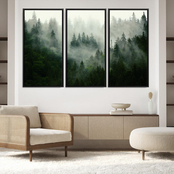 167720496-MGV-FC-48X32-3P_Black-Misty Forest Mountain Wall Art Canvas | Large 3-Panel Foggy Landscape Canvas Print | Nature Misty Forest Canvas Art Wall Art for Home