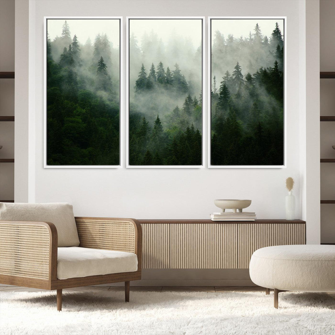 167720496-MGV-FC-48X32-3P_White-Misty Forest Mountain Wall Art Canvas | Large 3-Panel Foggy Landscape Canvas Print | Nature Misty Forest Canvas Art Wall Art for Home