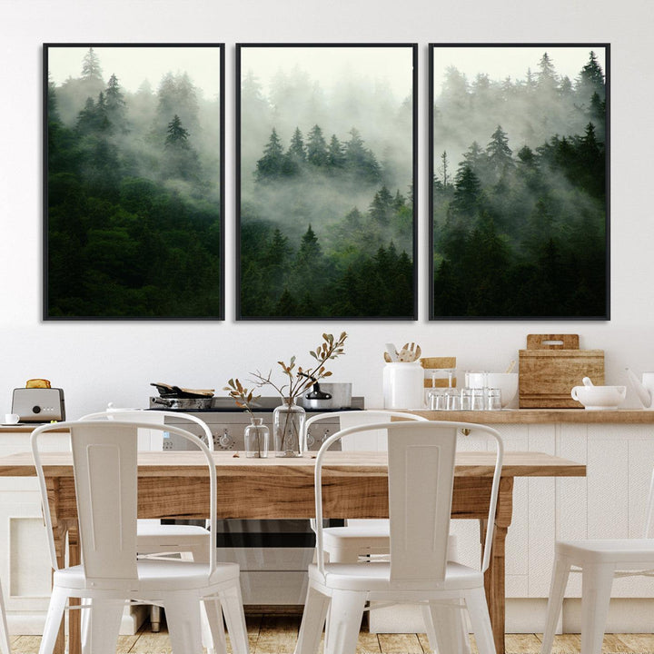 167720496-MGV-FC-60X30-3P_Black-Misty Forest Mountain Wall Art Canvas | Large 3-Panel Foggy Landscape Canvas Print | Nature Misty Forest Canvas Art Wall Art for Home