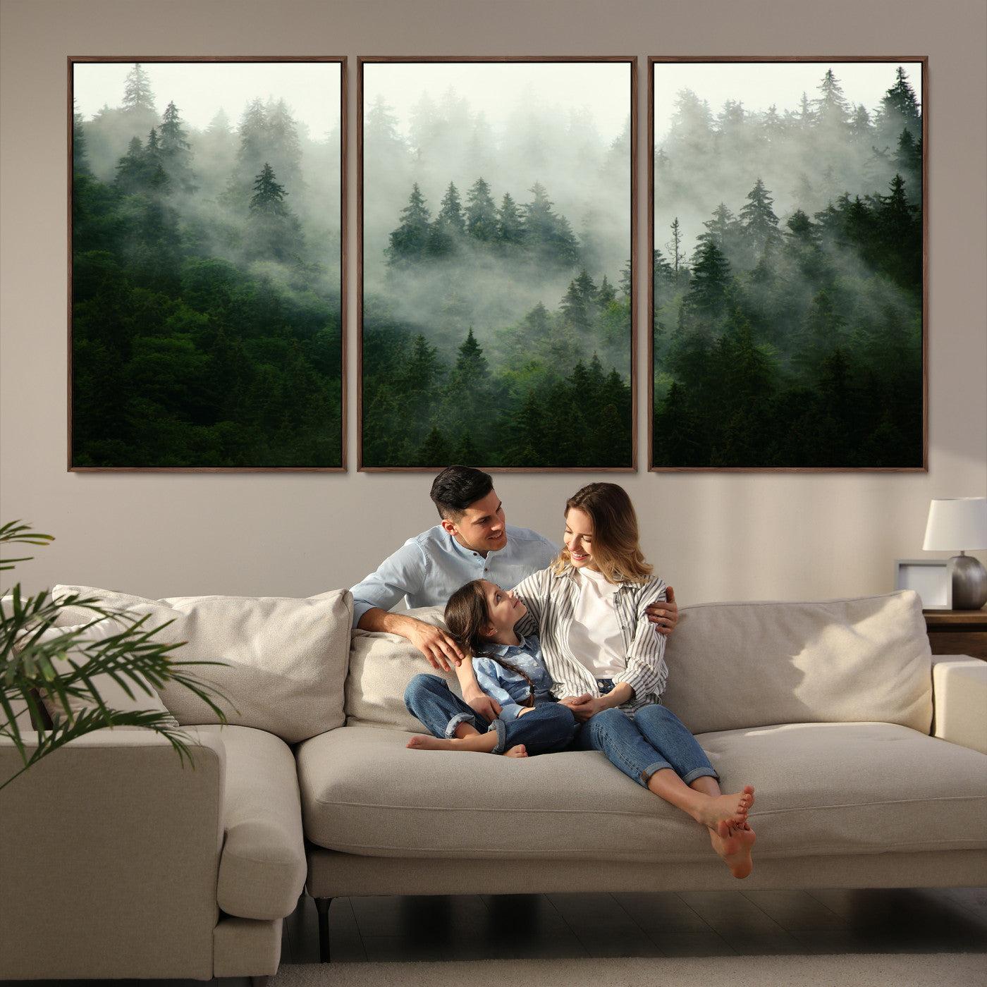 167720496-MGV-FC-60X30-3P_Walnut-Misty Forest Mountain Wall Art Canvas | Large 3-Panel Foggy Landscape Canvas Print | Nature Misty Forest Canvas Art Wall Art for Home