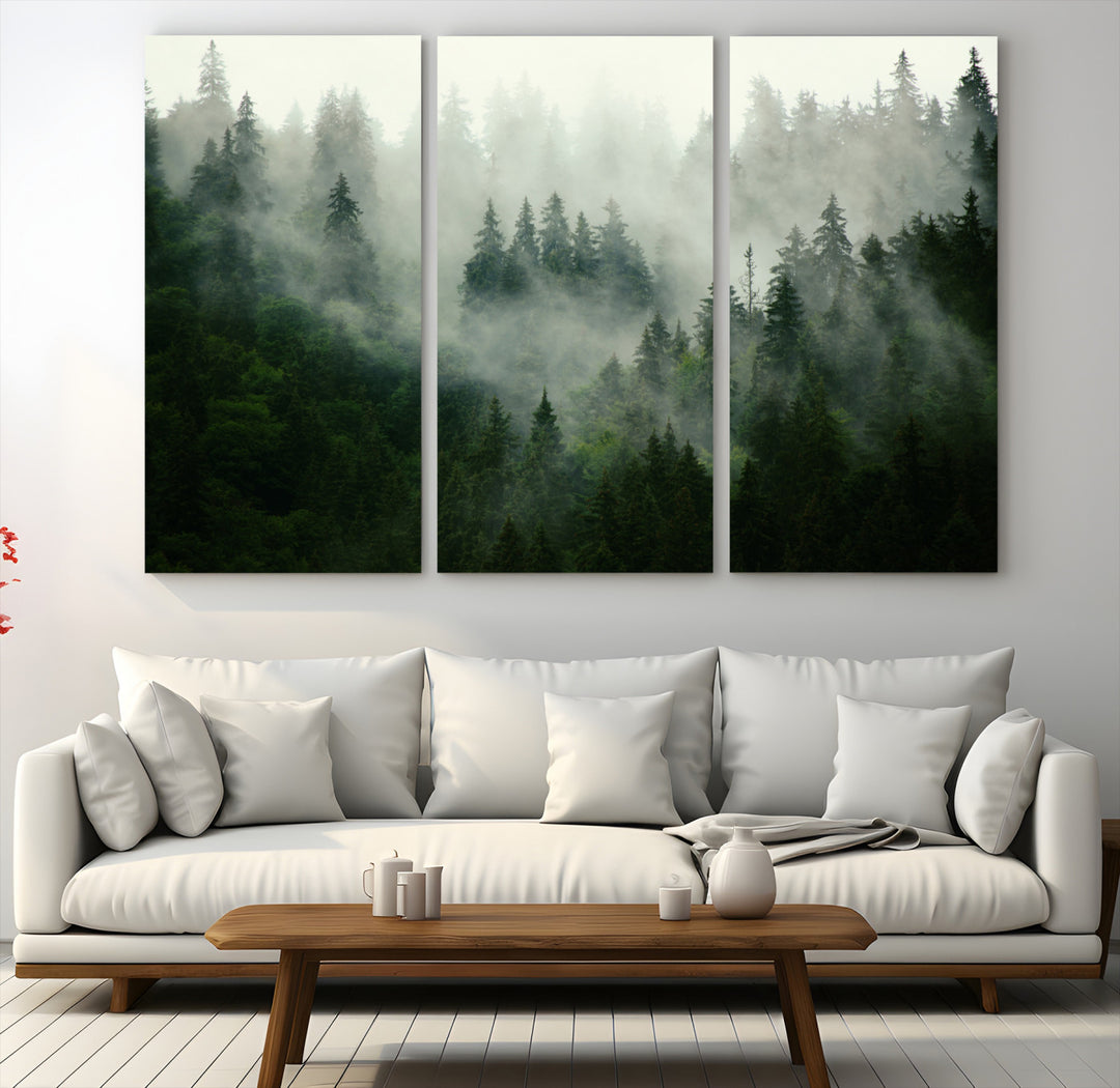 Misty Forest Mountain Wall Art Canvas | Large 3-Panel Foggy Landscape Canvas Print | Nature Misty Forest Canvas Art Wall Art for Home