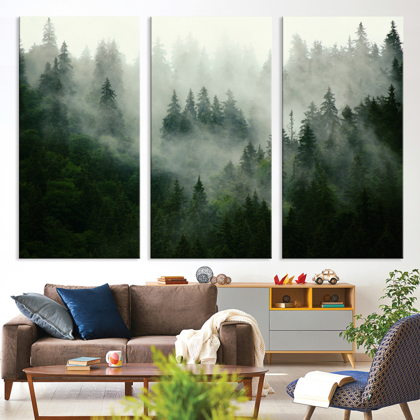 167720496-MGV-CV-36X24-Misty Forest Wall Art Canvas Print - Foggy Forest Landscape Canvas Wall Art – Serene Triptych Nature Print – Woodland Landscape Decor