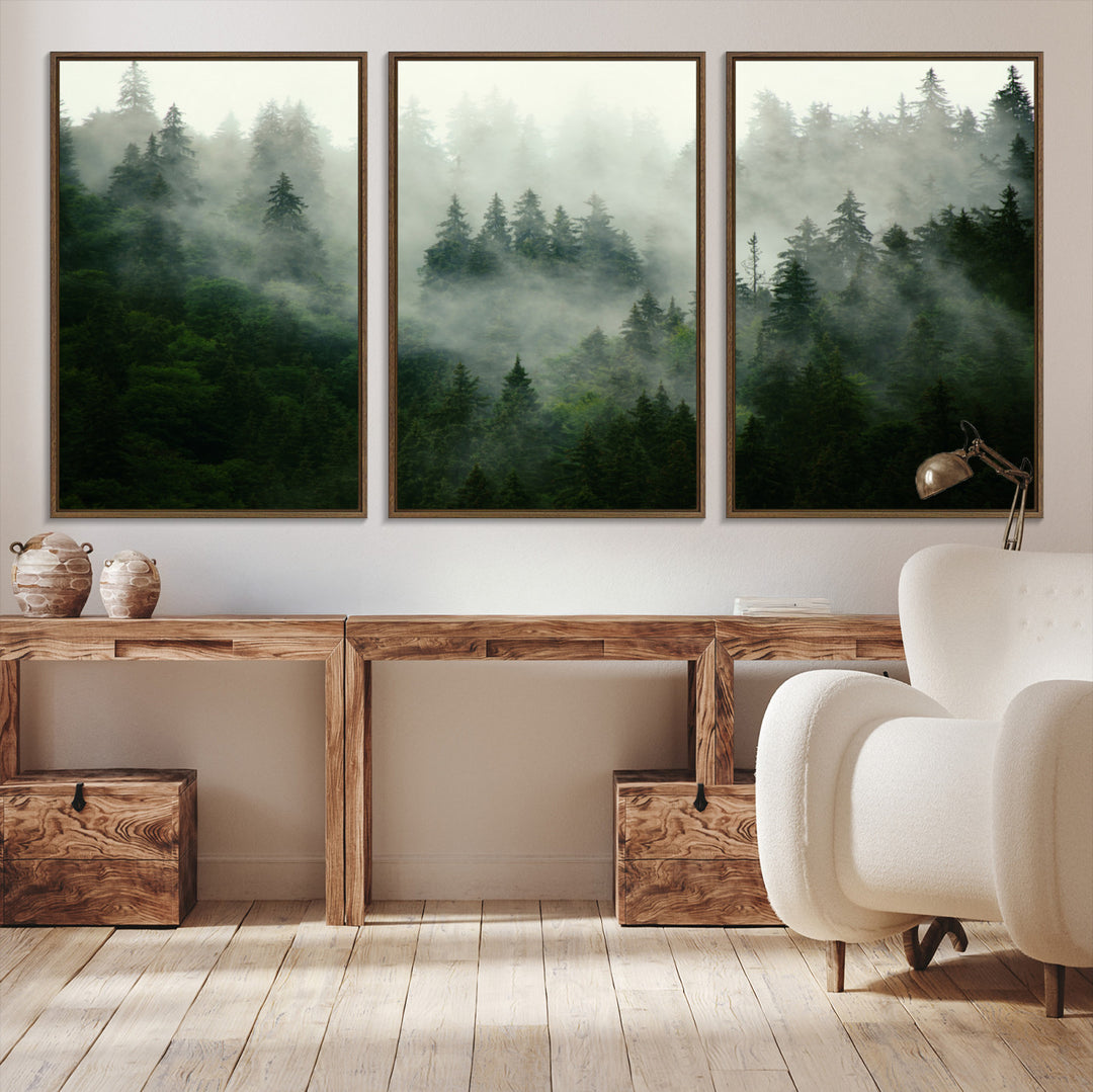 167720496-MGV-CV-36X24-Misty Forest Wall Art Canvas Print - Foggy Forest Landscape Canvas Wall Art – Serene Triptych Nature Print – Woodland Landscape Decor