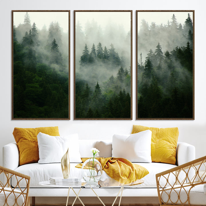 167720496-MGV-CV-36X24-Misty Forest Wall Art Canvas Print - Foggy Forest Landscape Canvas Wall Art – Serene Triptych Nature Print – Woodland Landscape Decor