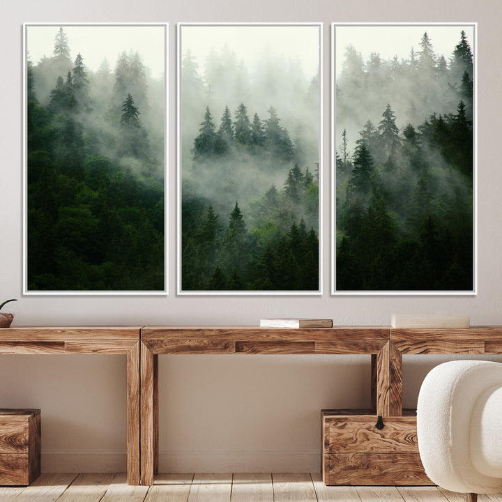167720496-MGV-CV-36X24-Misty Forest Wall Art Canvas Print - Foggy Forest Landscape Canvas Wall Art – Serene Triptych Nature Print – Woodland Landscape Decor
