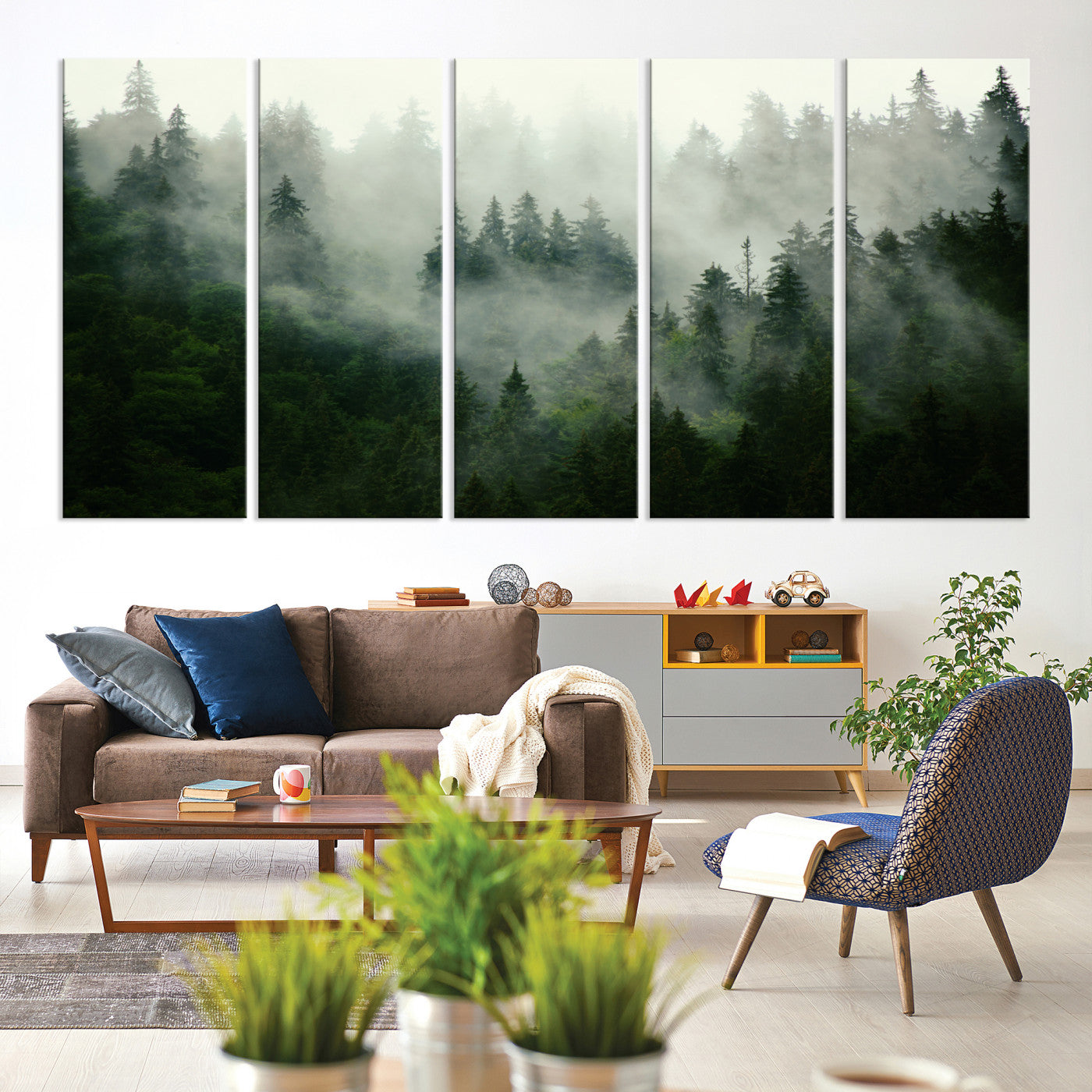 167720496-MGV-CV-60X31-5P-Misty Forest Wall Art Canvas Print - Foggy Forest Landscape Canvas Wall Art – Serene Triptych Nature Print – Woodland Landscape Decor