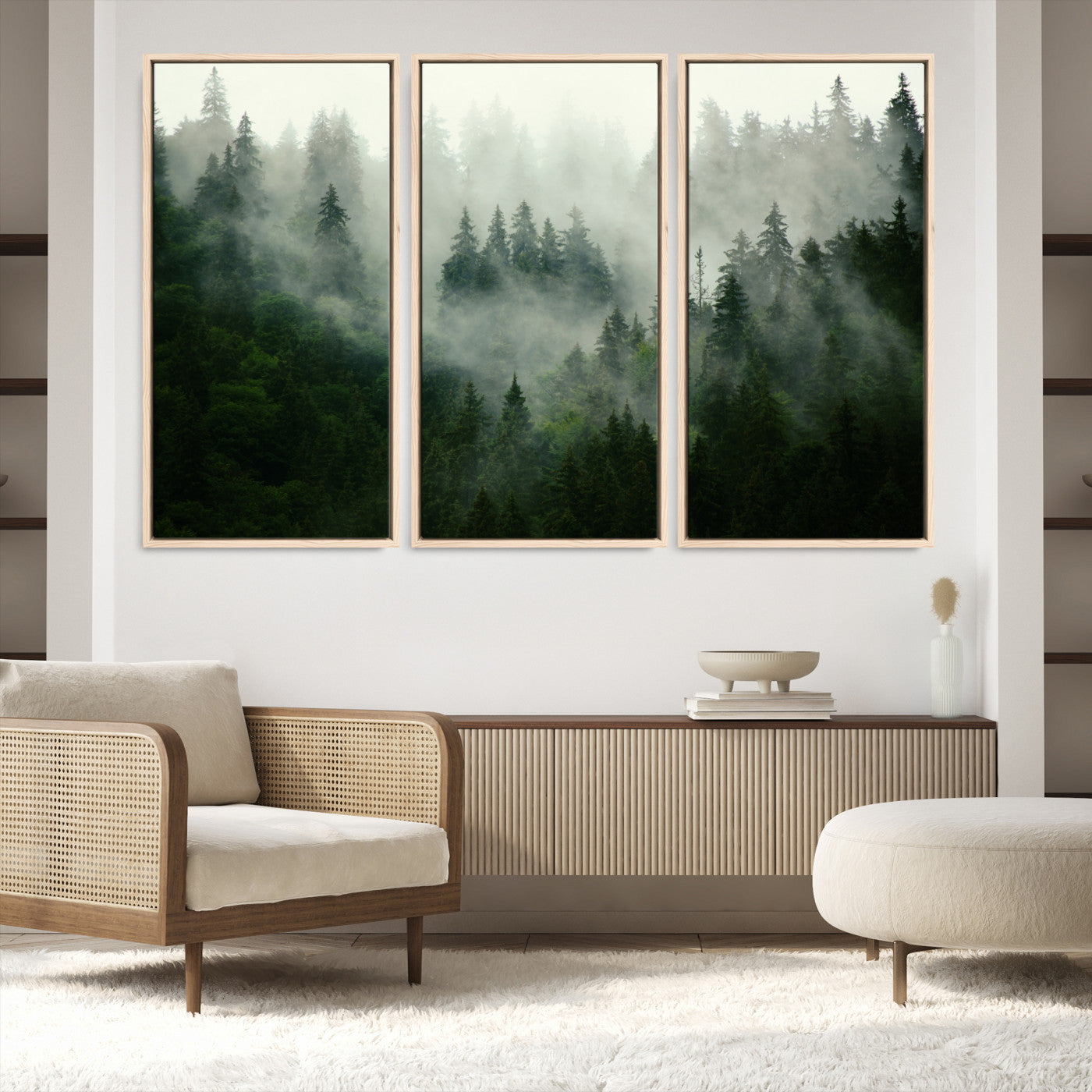 167720496-MGV-FC-48X32-3P_Natural-Misty Forest Wall Art Canvas Print - Foggy Forest Landscape Canvas Wall Art – Serene Triptych Nature Print – Woodland Landscape Decor
