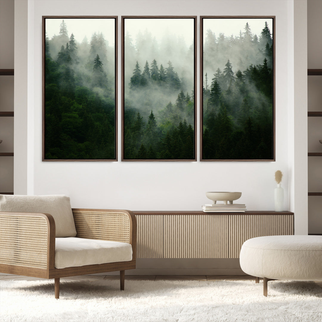 167720496-MGV-FC-48X32-3P_Walnut-Misty Forest Wall Art Canvas Print - Foggy Forest Landscape Canvas Wall Art – Serene Triptych Nature Print – Woodland Landscape Decor
