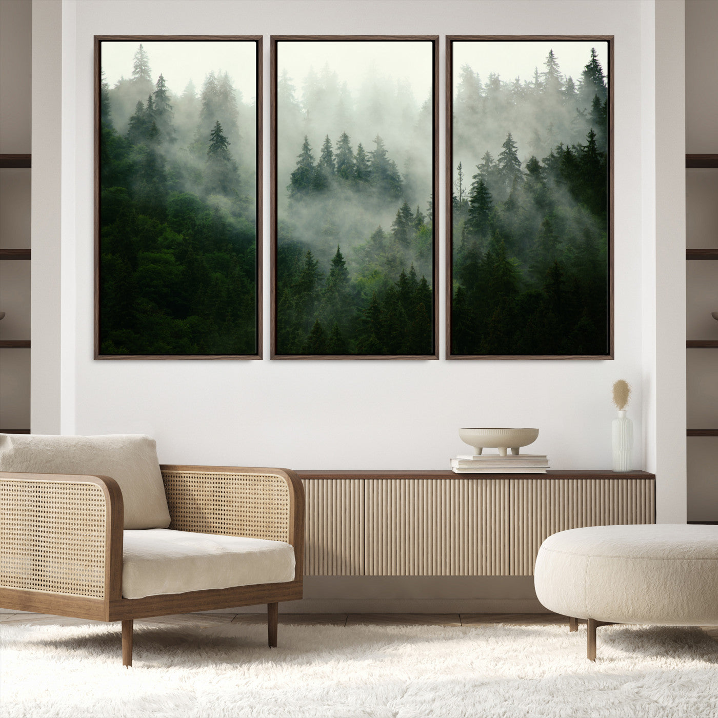 167720496-MGV-FC-48X32-3P_Walnut-Misty Forest Wall Art Canvas Print - Foggy Forest Landscape Canvas Wall Art – Serene Triptych Nature Print – Woodland Landscape Decor