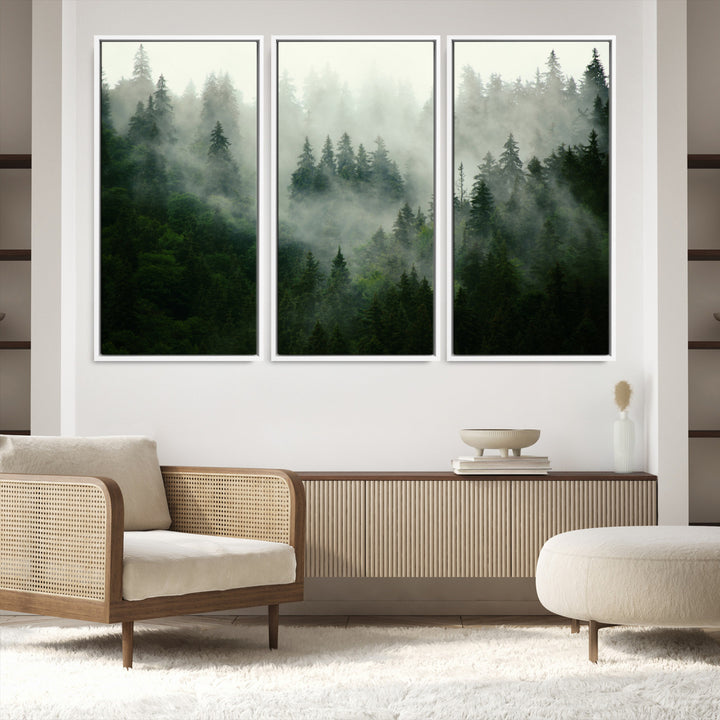 167720496-MGV-FC-48X32-3P_White-Misty Forest Wall Art Canvas Print - Foggy Forest Landscape Canvas Wall Art – Serene Triptych Nature Print – Woodland Landscape Decor