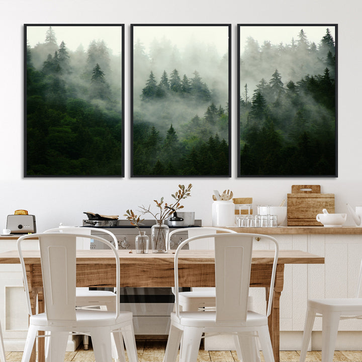 167720496-MGV-FC-60X30-3P_Black-Misty Forest Wall Art Canvas Print - Foggy Forest Landscape Canvas Wall Art – Serene Triptych Nature Print – Woodland Landscape Decor