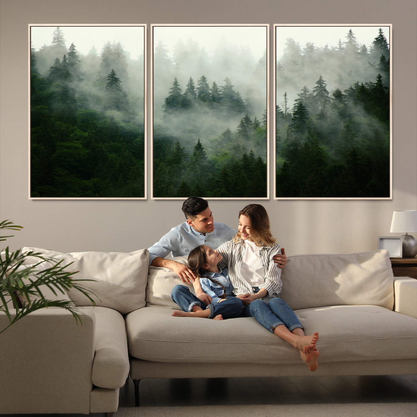 167720496-MGV-FC-60X30-3P_Natural-Misty Forest Wall Art Canvas Print - Foggy Forest Landscape Canvas Wall Art – Serene Triptych Nature Print – Woodland Landscape Decor