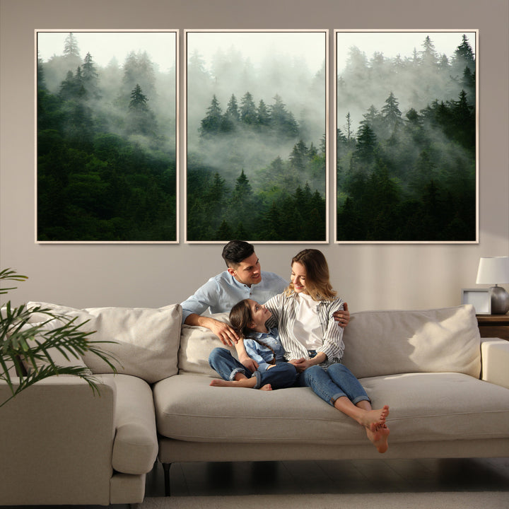 167720496-MGV-FC-60X30-3P_Natural-Misty Forest Wall Art Canvas Print - Foggy Forest Landscape Canvas Wall Art – Serene Triptych Nature Print – Woodland Landscape Decor