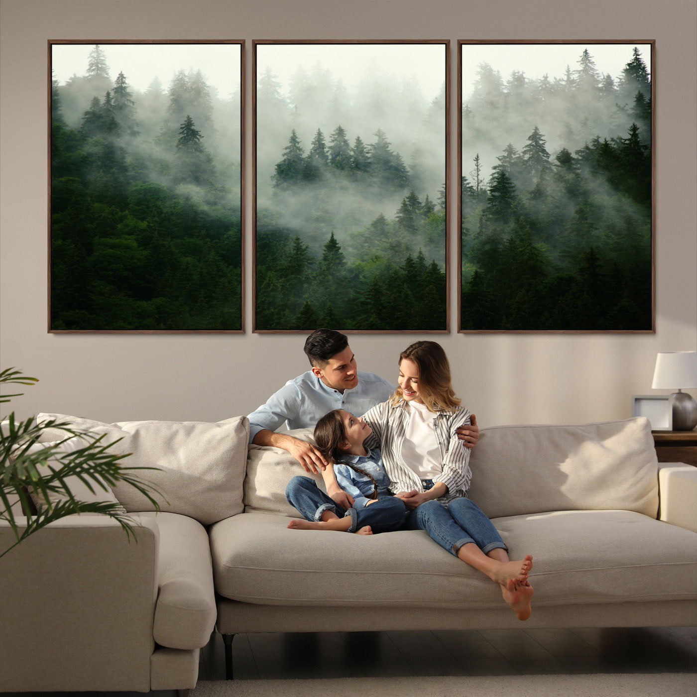 167720496-MGV-FC-60X30-3P_Walnut-Misty Forest Wall Art Canvas Print - Foggy Forest Landscape Canvas Wall Art – Serene Triptych Nature Print – Woodland Landscape Decor