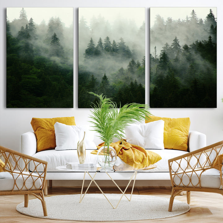 Misty Forest Wall Art Canvas Print - Foggy Forest Landscape Canvas Wall Art – Serene Triptych Nature Print – Woodland Landscape Decor