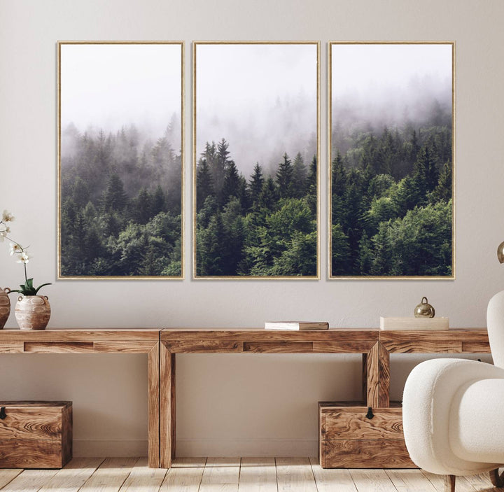 42578900-MGV-CV-36X24-Misty Forest Wall Art | Foggy Forest Canvas Print | Large Nature-Inspired Misty Tree Landscape for Living Room Decor