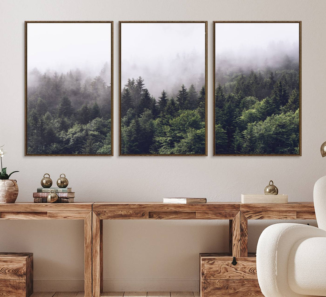 42578900-MGV-CV-36X24-Misty Forest Wall Art | Foggy Forest Canvas Print | Large Nature-Inspired Misty Tree Landscape for Living Room Decor