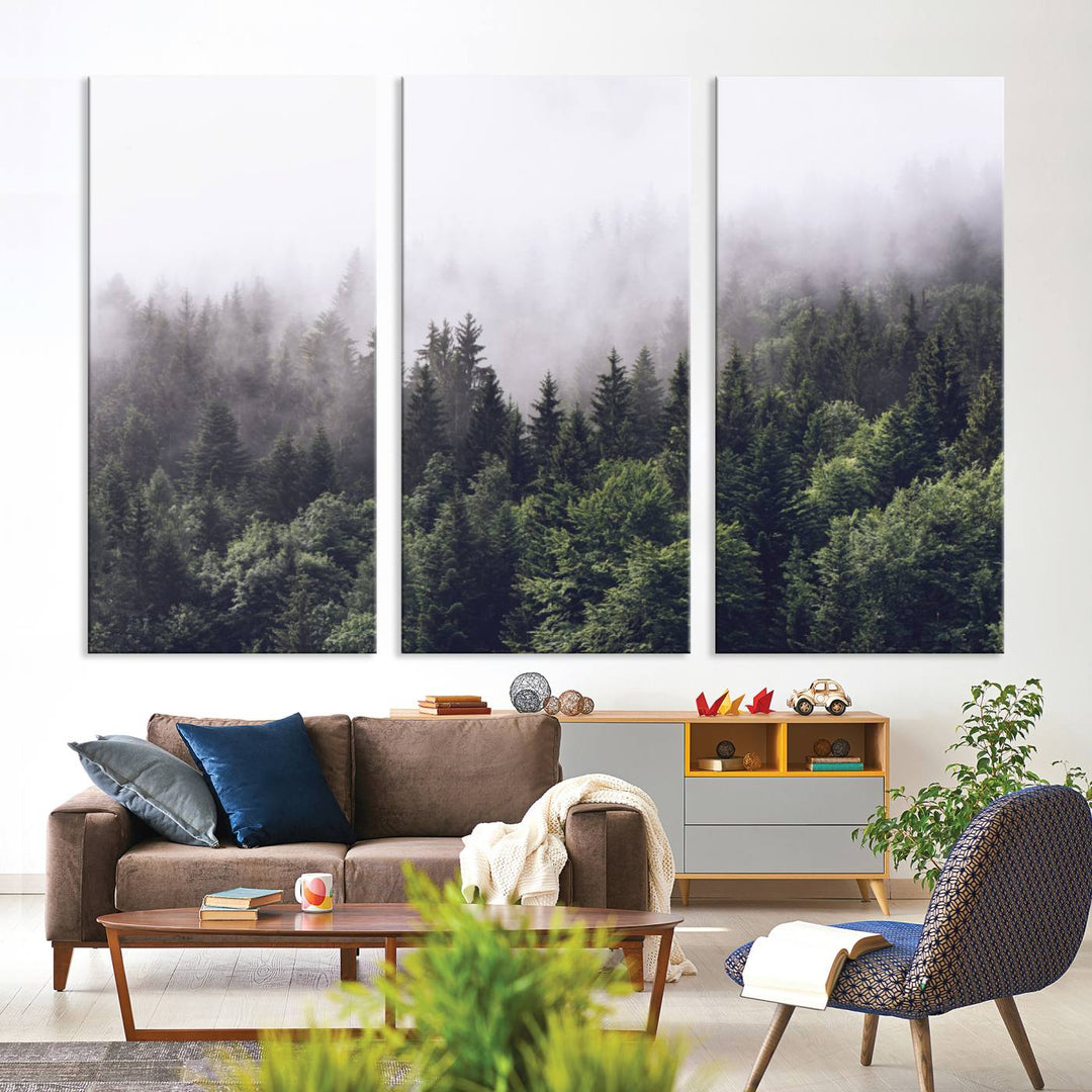Misty Forest Wall Art | Foggy Forest Canvas Print | Large Nature-Inspired Misty Tree Landscape for Living Room Decor