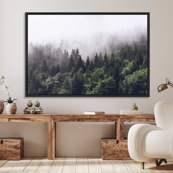 Misty Forest Wall Art | Foggy Forest Canvas Print | Large Nature-Inspired Misty Tree Landscape for Living Room Decor