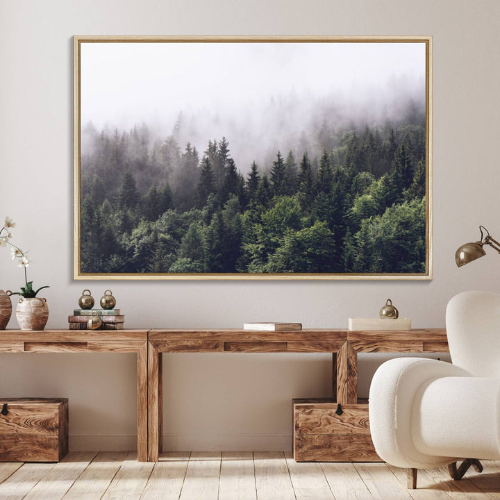 42578900-MGV-FC-36X24_Natural-Misty Forest Wall Art | Foggy Forest Canvas Print | Large Nature-Inspired Misty Tree Landscape for Living Room Decor