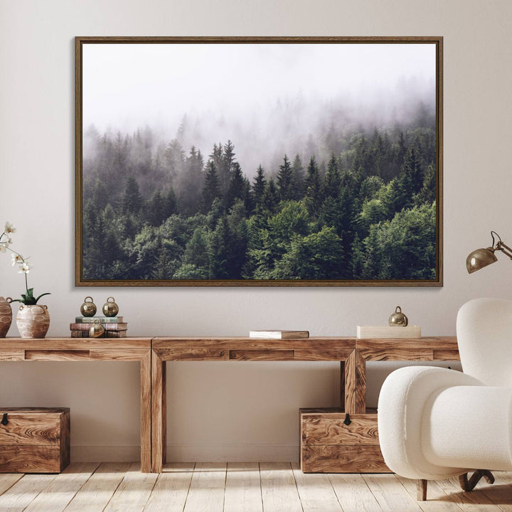 42578900-MGV-FC-36X24_Walnut-Misty Forest Wall Art | Foggy Forest Canvas Print | Large Nature-Inspired Misty Tree Landscape for Living Room Decor