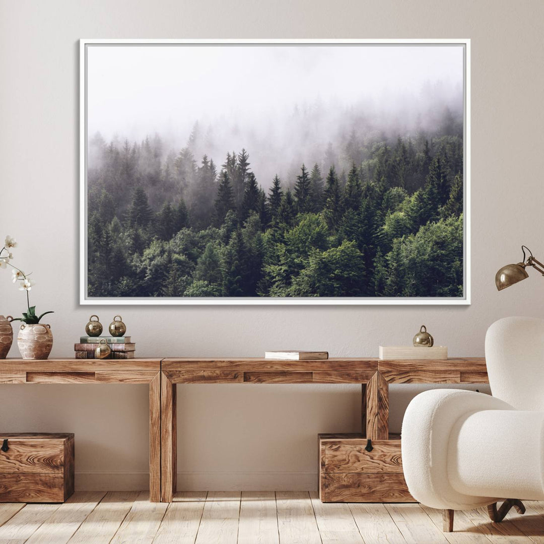 Misty Forest Wall Art | Foggy Forest Canvas Print | Large Nature-Inspired Misty Tree Landscape for Living Room Decor
