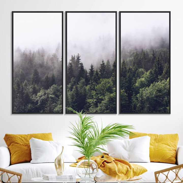 42578900-MGV-FC-48X32-3P_Black-Misty Forest Wall Art | Foggy Forest Canvas Print | Large Nature-Inspired Misty Tree Landscape for Living Room Decor