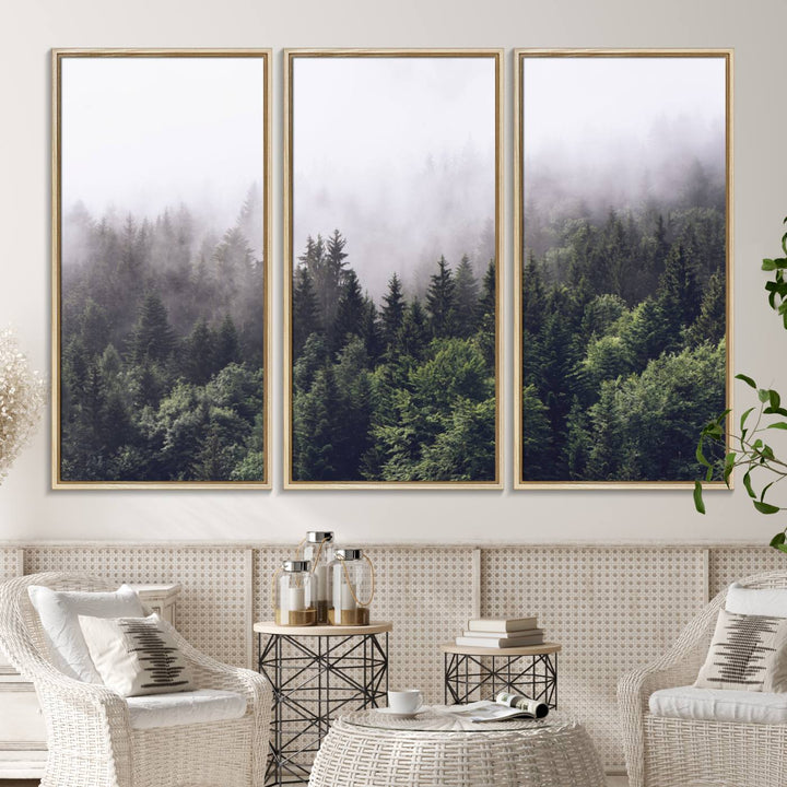 42578900-MGV-FC-48X32-3P_Natural-Misty Forest Wall Art | Foggy Forest Canvas Print | Large Nature-Inspired Misty Tree Landscape for Living Room Decor