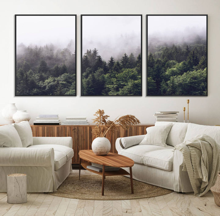 42578900-MGV-FC-60X30-3P_Black-Misty Forest Wall Art | Foggy Forest Canvas Print | Large Nature-Inspired Misty Tree Landscape for Living Room Decor