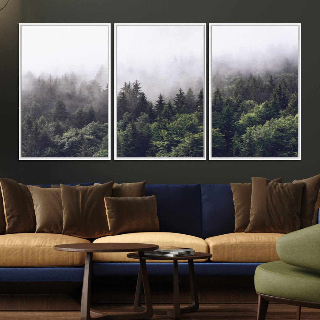42578900-MGV-FC-60X30-3P_White-Misty Forest Wall Art | Foggy Forest Canvas Print | Large Nature-Inspired Misty Tree Landscape for Living Room Decor