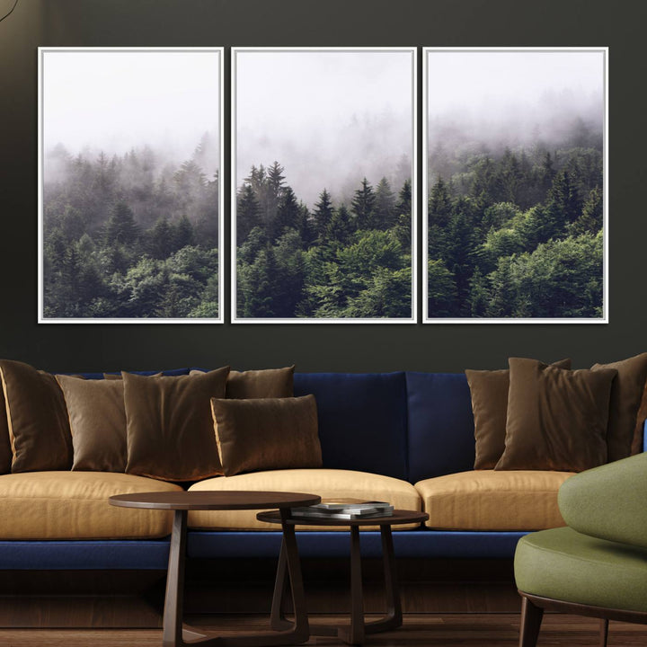 42578900-MGV-FC-60X30-3P_White-Misty Forest Wall Art | Foggy Forest Canvas Print | Large Nature-Inspired Misty Tree Landscape for Living Room Decor