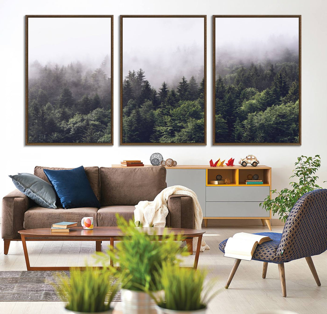 Misty Forest Wall Art | Foggy Forest Canvas Print | Large Nature-Inspired Misty Tree Landscape for Living Room Decor