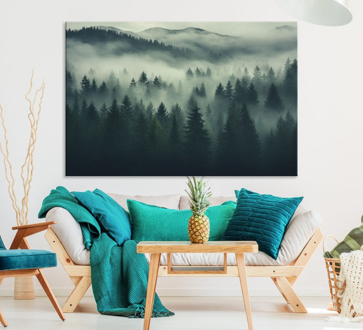 Misty Forest Wall Art Premium Canvas Print a Foggy and Serene Atmosphere